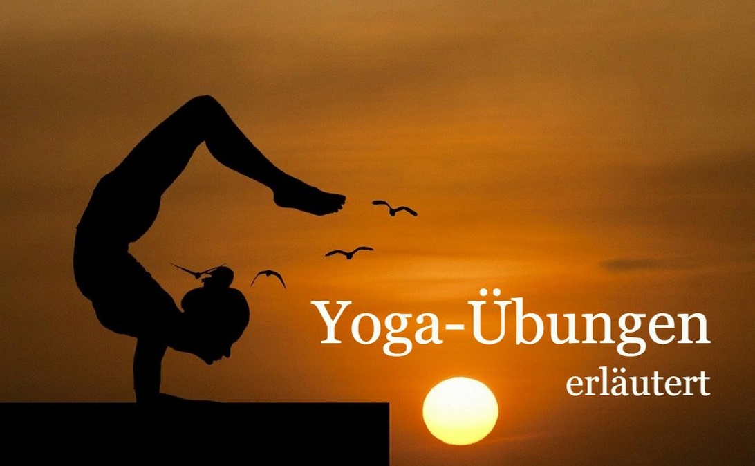 En siluett av en person som utför en avancerad yogahandstående mot en dramatisk orange solnedgångshimmel. Texten 'Yoga-Übungen erläutert' (Yogaövningar förklarade) syns på bilden).