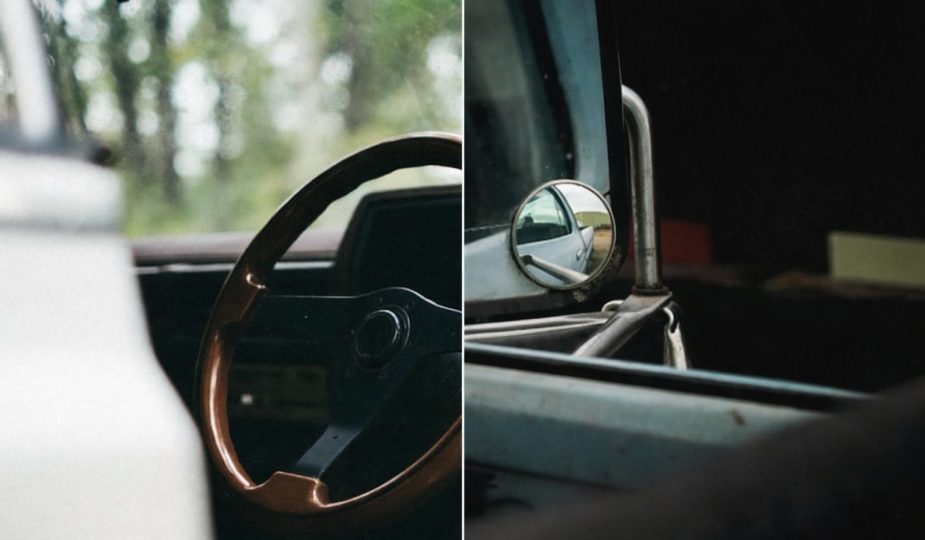 Interiör av en begagnad lastbil med ratt och sidospegel